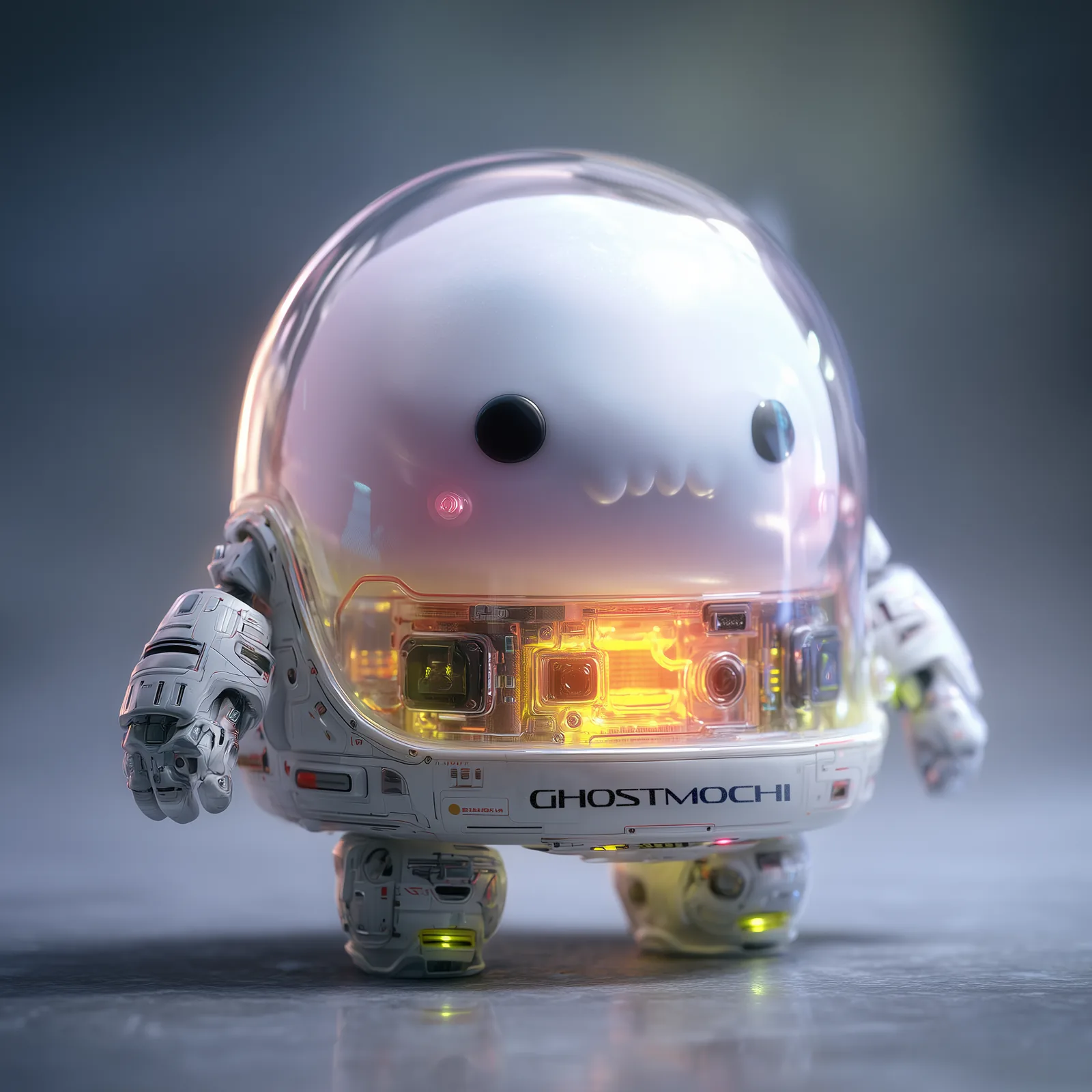 Mochi in a white robot suit with a glowing core