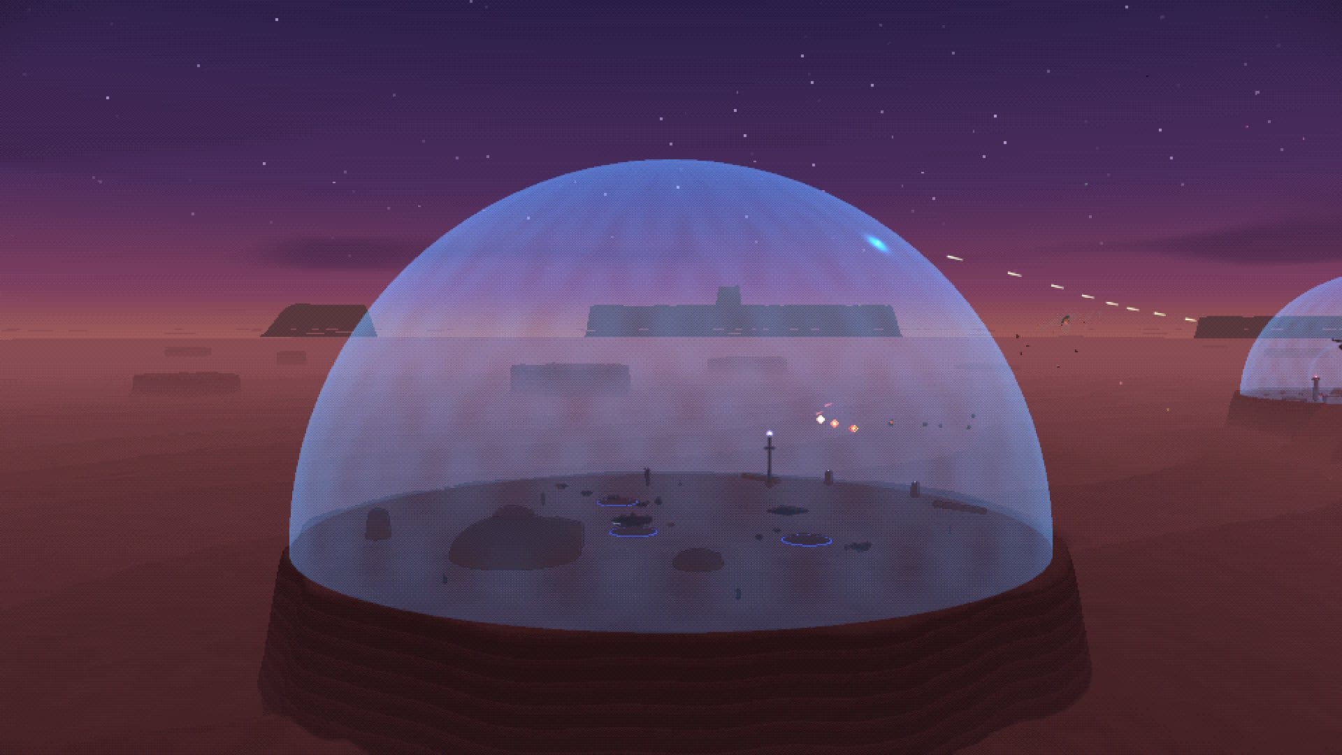 The Alliance base's blue shield dome at evening under the first stars