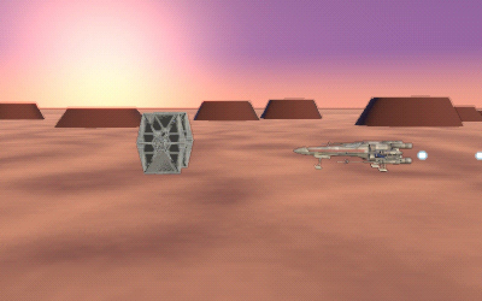 An X-wing at speed over the desert at evening, its nose turned back along its own path