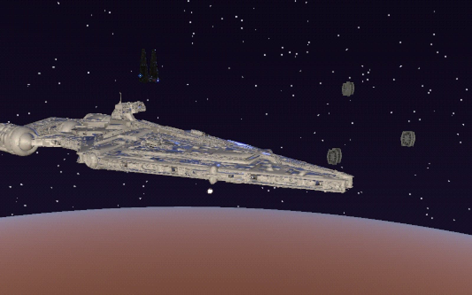 An Imperial light cruiser over the planet with its escort