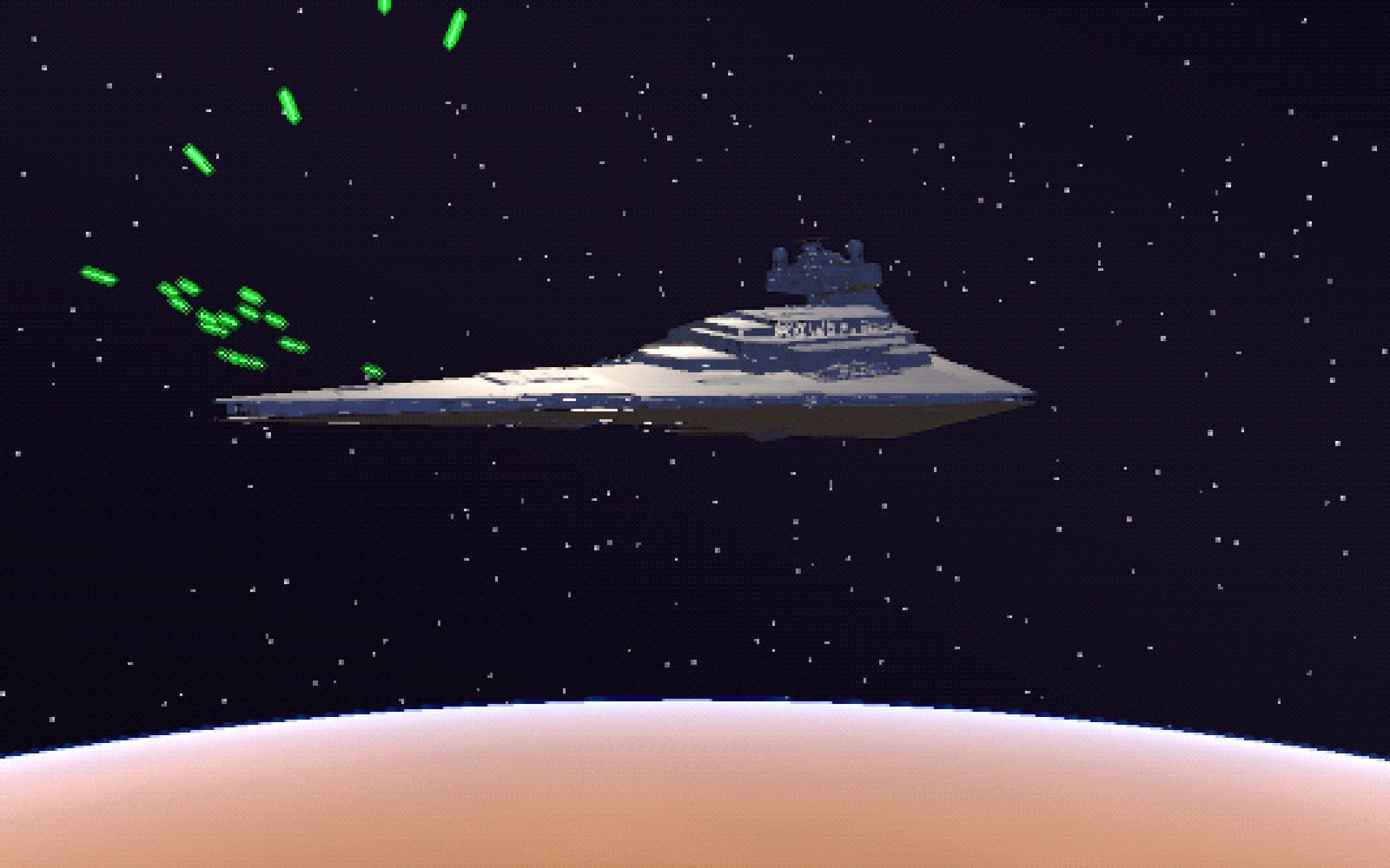 A Star Destroyer over the planet under fire from Alliance fighters